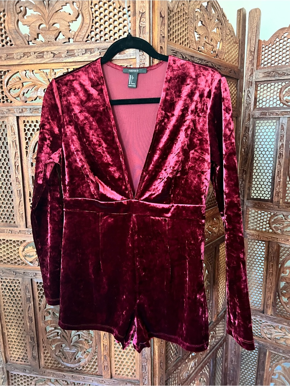 Forever 21 Deep Burgundy Velvet Long Sleeve Romper